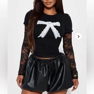 Black Lace Sleeve Top with White Bow NWT
